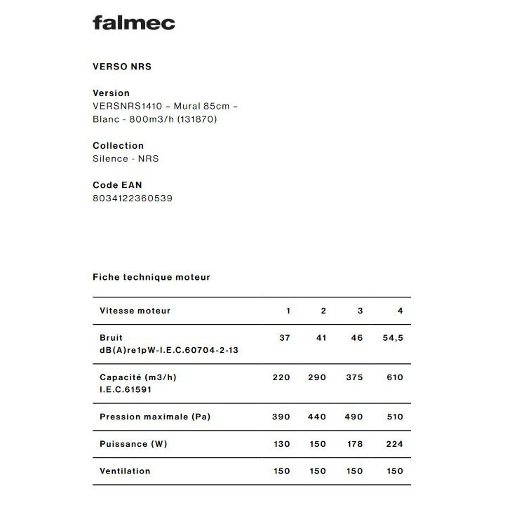 Hotte décorative FALMEC VERSO1410 Silence NRS Blanc 85cm MURALE | Ménachoc